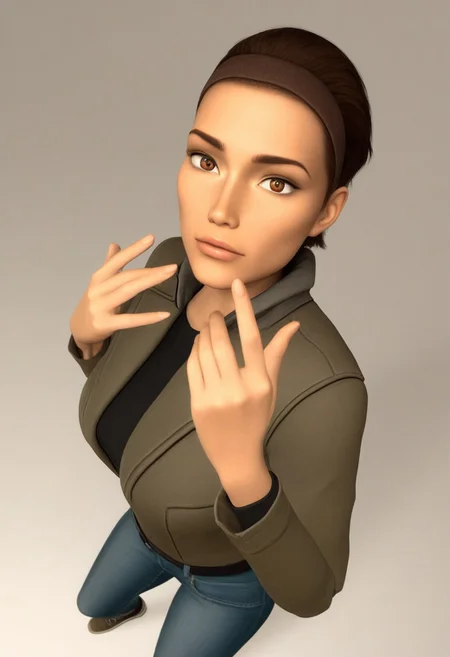 score_9, score_8_up, score_7_up, score_6_up,high quality, intricate details, amazing quality, masterpiece,uhd,dramatic effect, masterpiece, best quality, beautiful face, beautiful eyes, very aesthetic, absurdres, detailed face, detailed background, perfect lighting, 1 girl, 3D, source_engine_graphics, half-life_2, alyx vance_(half-life_2), brown hair, hairband, brown eyes, short hair, jacket, shirt, jeans, shoes, cool pose cool expression, white background, perfect anatomy, perfect hands,
