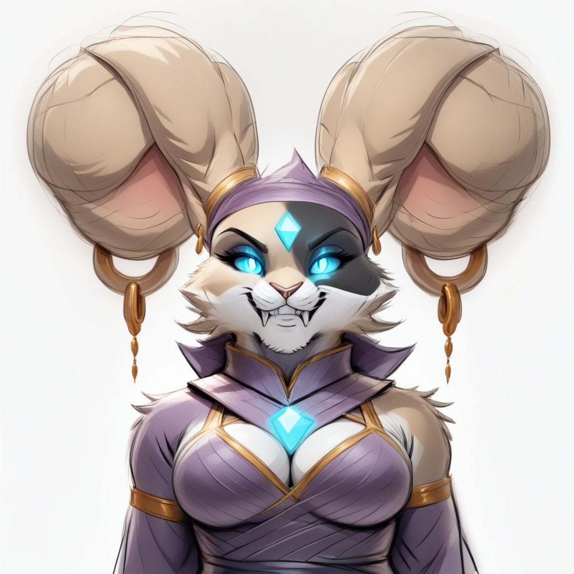 score_9, score_8_up, score_7_up, score_6_up, score_5_up, score_4_up,
source_furry,
masterpiece,
shading,
(detailed art),
xtremely detailed, absurdres,
1girl,
solo,
female,
furry,
furry female,
rabbit,
bunny,
smile,
evil,
grim,
robe,
purple robe,
gold trim,
blue eyes,
glowing eyes,
hair bun, ears in a bun,
4k,
8k,
full hd,
closed mouth, earrings, fangs, furry, gem, glowing, kaze ears, large breasts, looking at viewer, simple background, sketch, solo, swimsuit, teeth, typhoon ears, typhoon_katwm, 
white background
<lora:Typhoon_Kaze_and_the_Wild_Masks:1>, by michael & inessa garmash:1.7, pino daeni, ruan jia, by wolfy-nail:1.4, (kenket:1.5),, happy,
smile,
teeth,
tongue