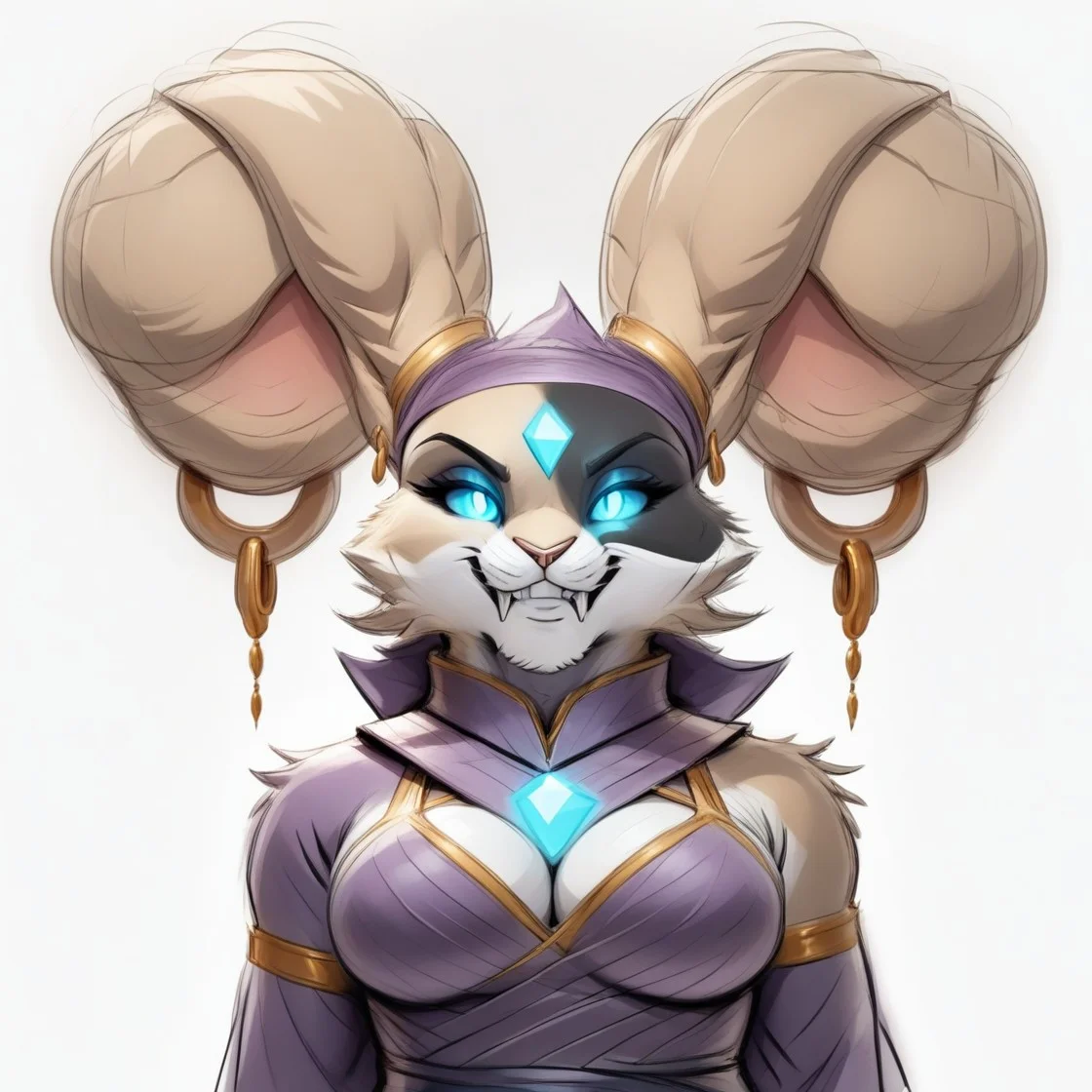 score_9, score_8_up, score_7_up, score_6_up, score_5_up, score_4_up,
source_furry,
masterpiece,
shading,
(detailed art),
xtremely detailed, absurdres,
1girl,
solo,
female,
furry,
furry female,
rabbit,
bunny,
smile,
evil,
grim,
robe,
purple robe,
gold trim,
blue eyes,
glowing eyes,
hair bun, ears in a bun,
4k,
8k,
full hd,
closed mouth, earrings, fangs, furry, gem, glowing, kaze ears, large breasts, looking at viewer, simple background, sketch, solo, swimsuit, teeth, typhoon ears, typhoon_katwm,
white background
<lora:Typhoon_Kaze_and_the_Wild_Masks:1>, by michael & inessa garmash:1.7, pino daeni, ruan jia, by wolfy-nail:1.4, (kenket:1.5),, happy,
smile,
teeth,
tongue