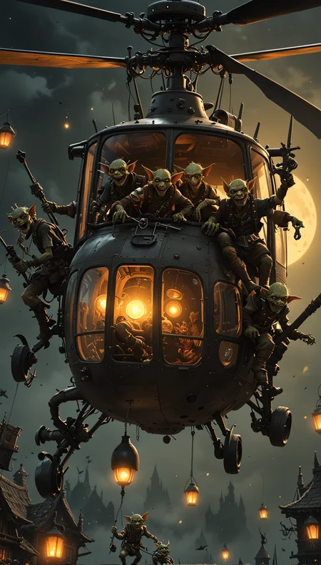 Steampunk Goblins Flying an Helicopter, Goblin Helicopter, laughing, infused with elements of mysticism, fantasy, or gothic, glowing flora, (Nocturnal creatures), magical phenomena, or eerie, dark settings typical of Goblins, (Use Dream Diffusion Secret Prompt), UHD