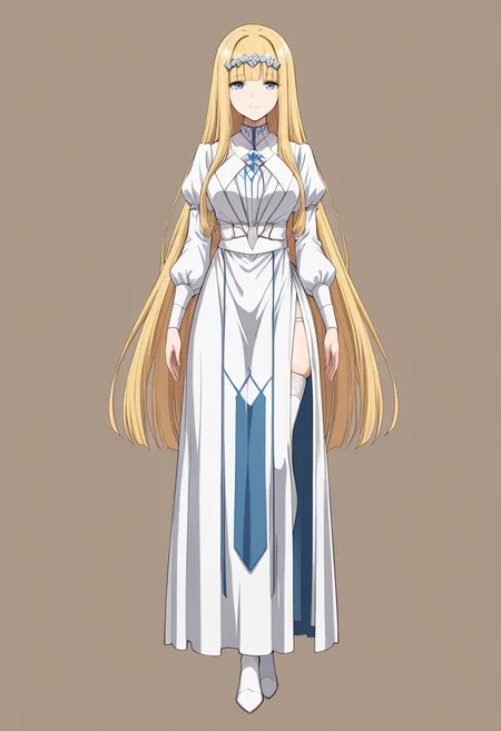 masterpiece, best quality,
1girl, solo, full body,
standing,
looking at viewer, light smile,
simple background, brown background,
<lora:Calca_Bessarez:1> C4lc4B3ss4r3z, long hair, very long hair, blonde hair, blue eyes, blunt bangs, white dress, long dress, long sleeves, hair ornament, circlet, puffy sleeves, thighhighs,