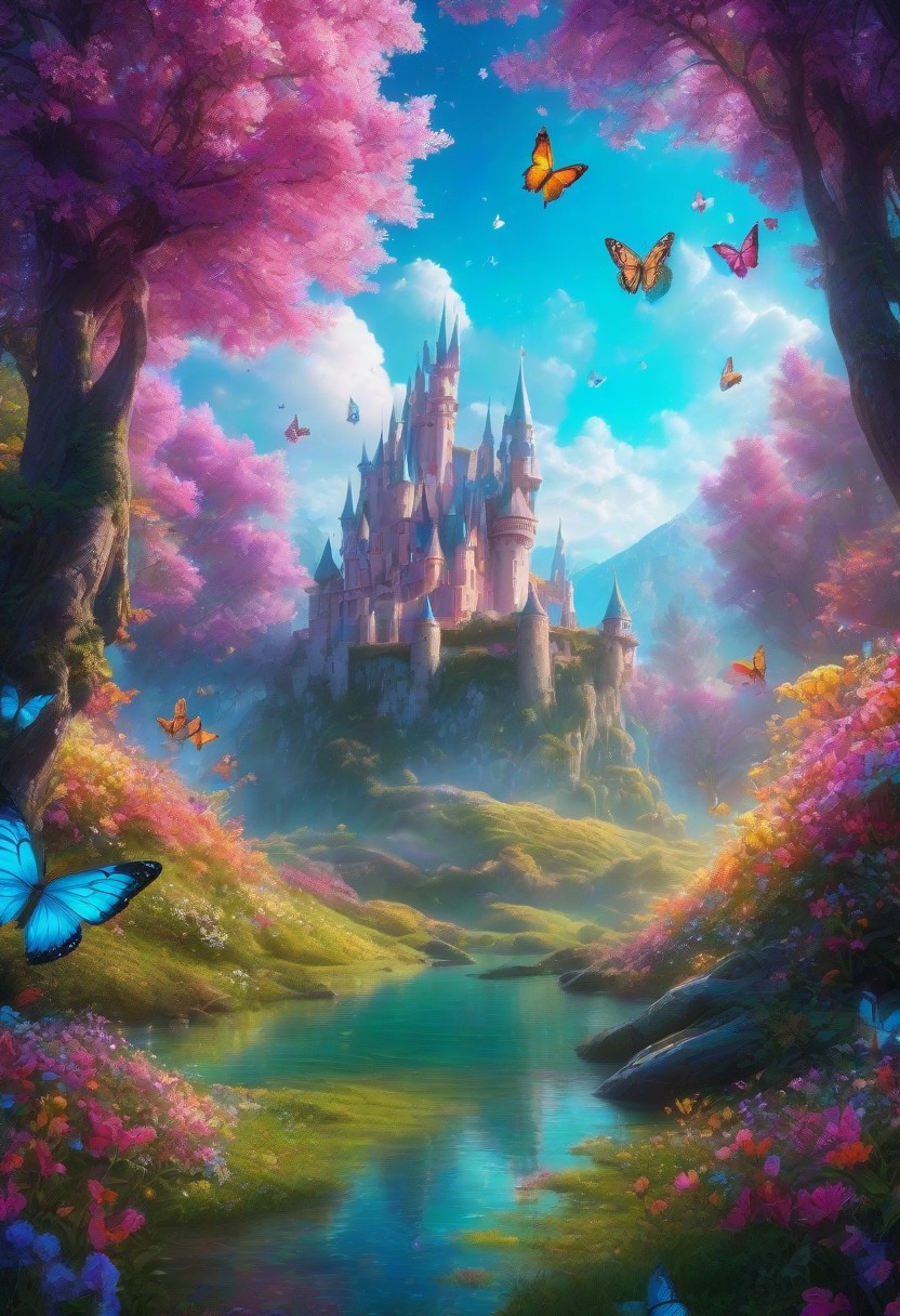 Magical Forest scenery,looking at the viewer, ultra realistic extremely detailed, meadow, castle crystal clear lake, trees, realistic highly detailed colorful field of flowers, (soft particles of fractal energy:1.3), depth of filed, (neon light particles:1.1), ultra-detailed,extremely delicate cute and beautiful,masterpiece,best quality, cinematic angle, cinematic lights, vibrant, vivid color,movie lens,movie special effects,detailed details,HDR,UHD,32K,concept art, magical scenery at daylight, (colorful butterflies:1.6), (full body:1.9), sharp focus, intricate details, iluminated by bright colors, (colorful flowers:1.3), (colorful particles:1.3), soft skin, (adorable look:1.8) (glowing tones:1.6),(glitter tones:1.2), beautiful