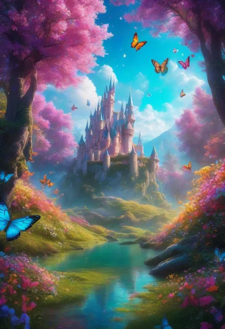 Magical Forest scenery,looking at the viewer, ultra realistic extremely detailed, meadow, castle crystal clear lake, trees, realistic highly detailed colorful field of flowers, (soft particles of fractal energy:1.3), depth of filed, (neon light particles:1.1), ultra-detailed,extremely delicate cute and beautiful,masterpiece,best quality, cinematic angle, cinematic lights, vibrant, vivid color,movie lens,movie special effects,detailed details,HDR,UHD,32K,concept art, magical scenery at daylight, (colorful butterflies:1.6), (full body:1.9), sharp focus, intricate details, iluminated by bright colors, (colorful flowers:1.3), (colorful particles:1.3), soft skin, (adorable look:1.8) (glowing tones:1.6),(glitter tones:1.2), beautiful