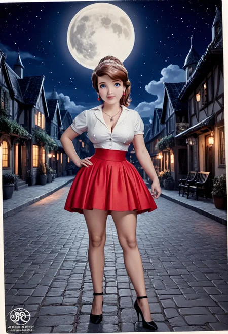 18 years old,medium breast, modest suit, skirt suit, dark red skirt, fitted skirt,at village,high quality, 8k,best quality, HD, sexy pose, 1girl, red earrings, short sleeves, huge cleavage, microskirt, high heels, night sky, night, full moon, cabcard,sepia,monochrome,sofia_the_first, brown hair, blue eyes, ponytail,necklace