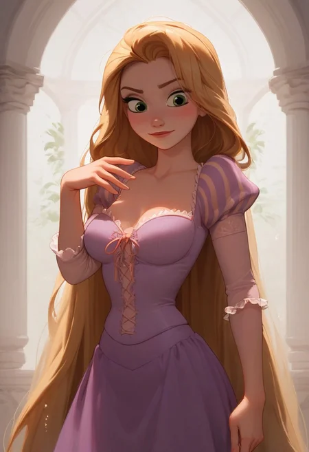 score_9, score_8_up, score_7_up, RapunzelWaifu, purple dress, puffy sleeves, very long hair, blonde, green eyes , short, skindentations, alot of cleavage, highly detailed face, medium teardrop breasts, perfect breast, skinny girl , sharp outlining, high contrast, vibrant colors, glossy skin, , morning light in background, close up on girl, cowboy shot, focus on female, model pose, pin up pose