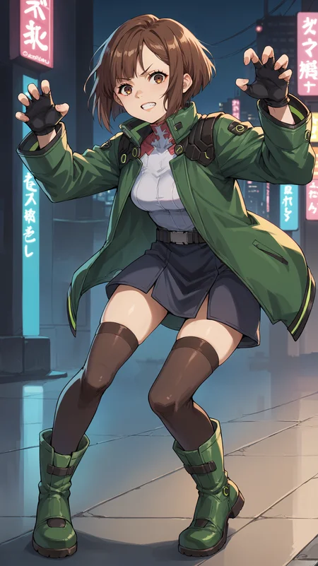 score_9,score_8_up,score_7_up,score_6_up, <lora:xl_more_art-full_v1:0.5>, source_anime, girl, dynamic pose, claw pose, <lora:Ehre - Pony:0.9>, short hair, brown hair, brown eyes, long sleeves, gloves, thighhighs, jacket, boots, teeth, black gloves, black thighhighs, green jacket, ankle boots, green footwear, modern city, cyberpunk, neon lights, portrait,