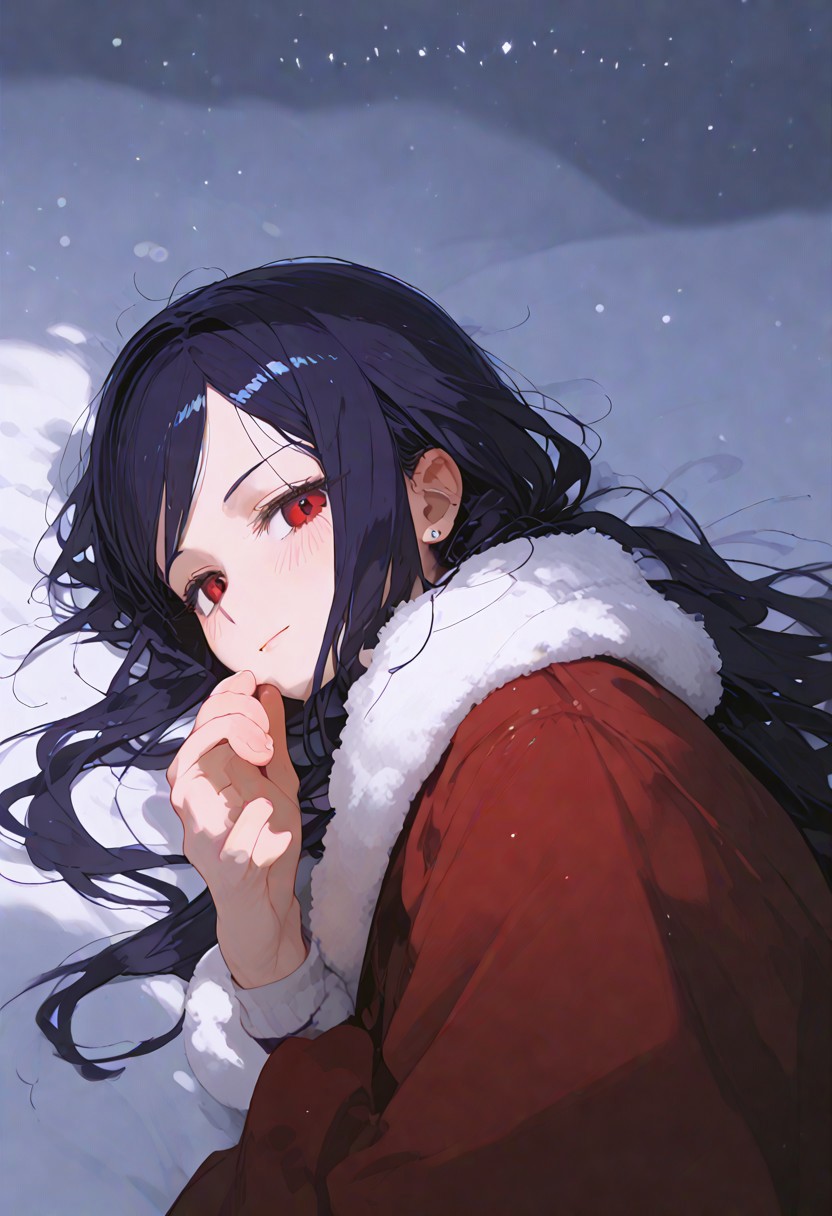 score_9, score_8_up, score_7_up, source_anime, BREAK, dynamic pose, portrait, lying in snow, head resting in snow, half buried on snow, snow on hair and clothes,, 1girl, jill stingray, dark purple hair, long hair with low ponytail, coat, cold, shivering, warm smile, blush, white shirt, silver pendant, earrings, warm light from side, tiny reflections in the snow, refined, winter, snow,