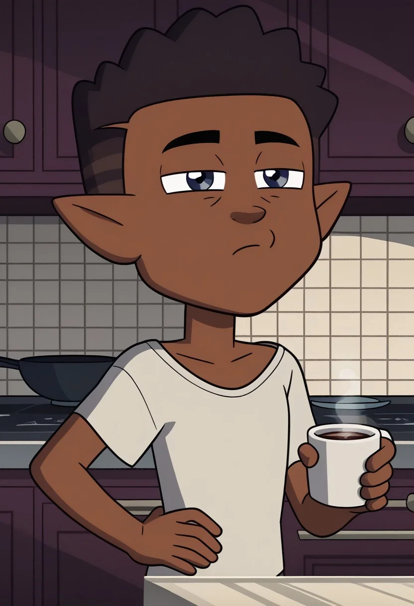 score_9, score_8_up, score_7_up, high quality,perfect anatomy, show accurate, solo,1boy, kitchen,
brown skin and dark brown hair with lighter shades, pointy ears, dark blue eyes, kitchen background, wear only oversized t-shirt, loose clothes, off shoulder, one hand holding cup of coffee, one hand on hip, perfect hands, sleepy eyes, messy hair, loose clothes, eyes half close, show accurate, perfect hands, perfect anatomy,perfect hands,five fingers,