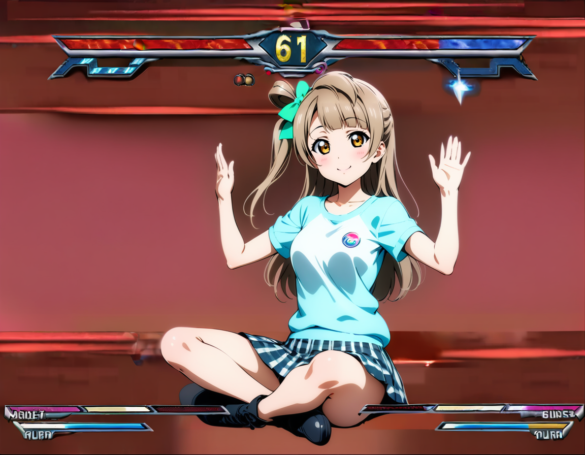 masterpiece, best quality, ultra detailed, highres,4k,(ultra-detailed:1.4) (illustration:0.5), (ray tracing,:0.8),(anime colored:0.7),(ai-generated:0.5),
1girl,
minami kotori, love live!
casual wear,skirt,
smile,
<lora:hokutoujouhagankenXL2:1>,hokutoujouhaganken,sitting,gameplay mechanics,fighting game,indian style,character name,(arms up:0.5), (logo:1.4),
simple background,full body,