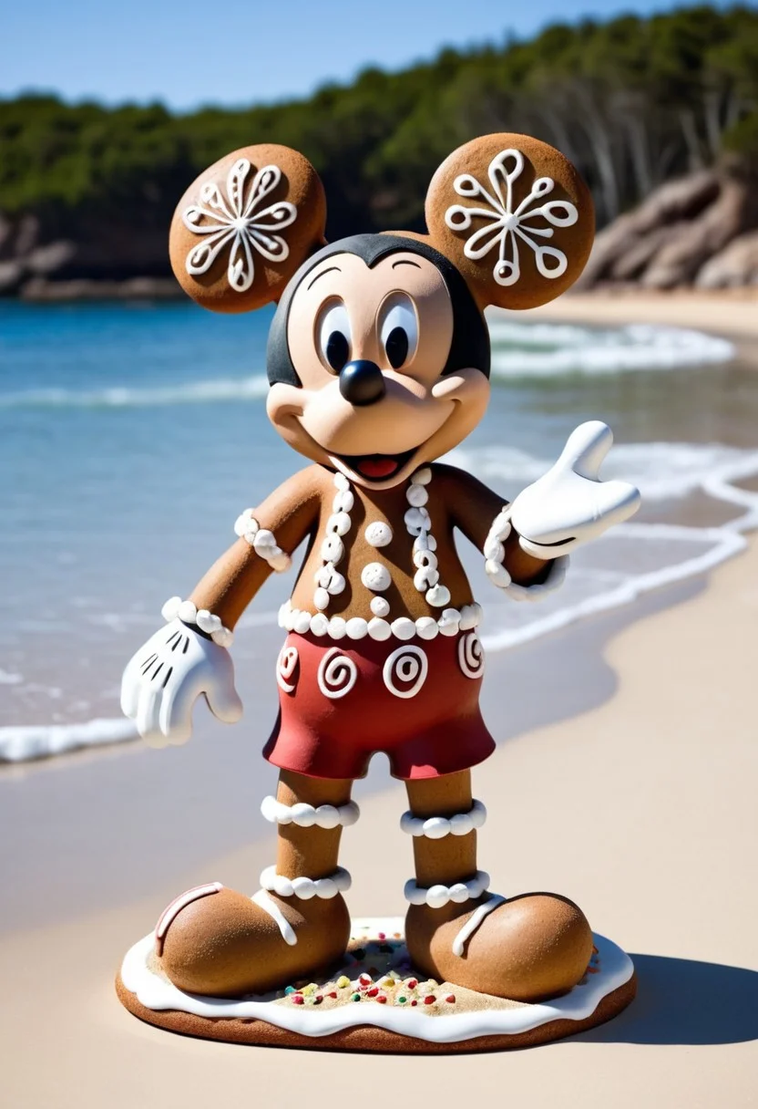 Mickey Mouse,summer ,at beach.Christmas<lora:GingerbreadStyle_epoch_10:0.7>