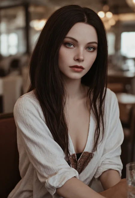 photo of a beautiful female sitting in a diner, highly detailed, 4k