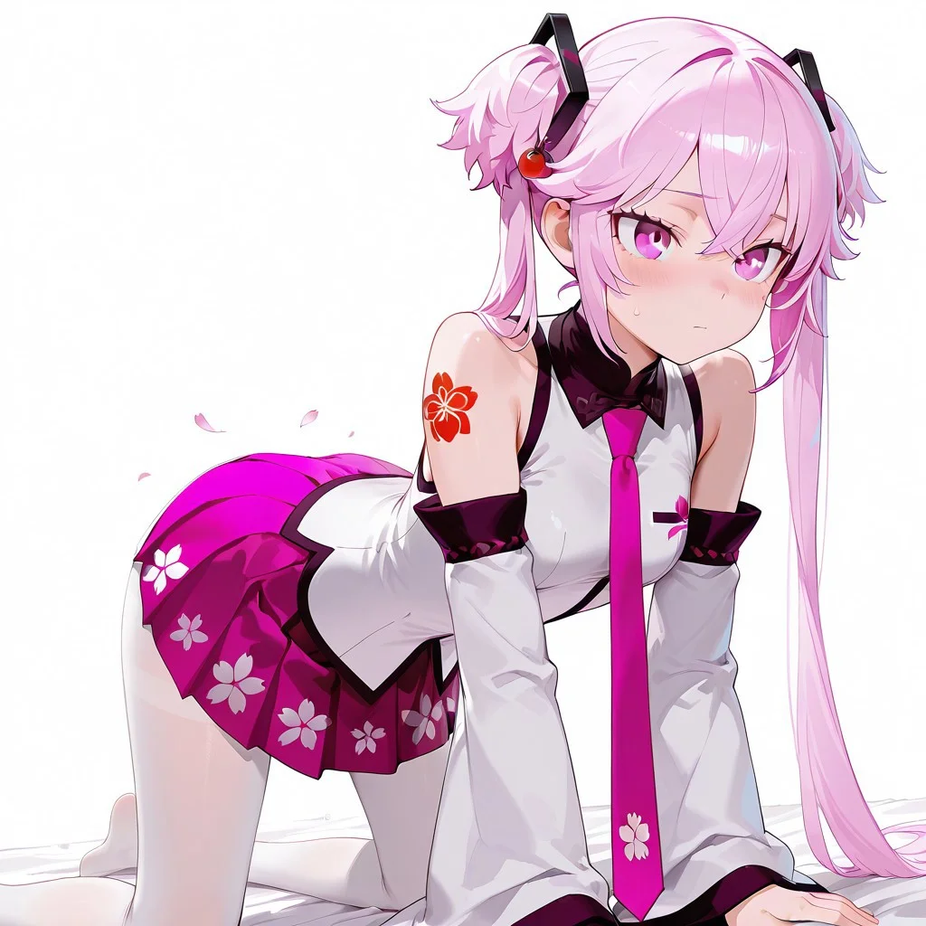1girl, solo, <lora:Sakura_Miku-10:1>, pink hair, pink eyes, twintails, food-themed ornament, cherry_ornament, ((cherry_blossom print)), sleeveless, sleeveless shirt, detached sleeves, white shirt, pink necktie, petals, pink skirt, <lora:epiNoiseoffset_v2:1>, rim light, white_pantyhose, tattoo, bare_shoulders,  masterpiece, best quality, amazing quality,, <lora:fgo-kriemhild-ponyxl-lora-nochekaiser:1>, <lora:doggystyle-asphyxiation-illustriosxl-lora-nochekaiser:1>