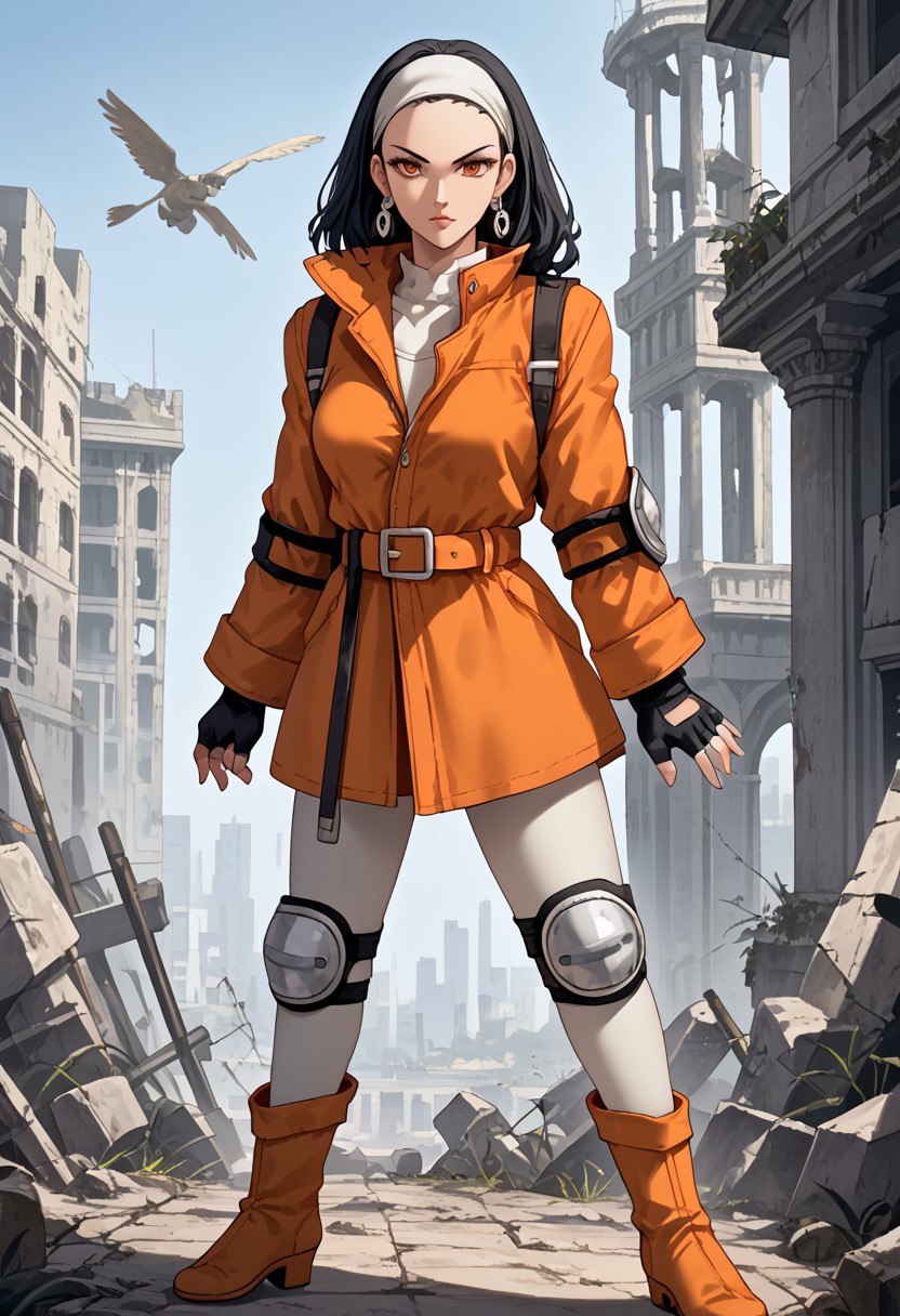 score_9,score_8_up,score_7_up,source_anime,5_figner,2d_animation,game cg,BREAK,1girl,solo,
MT heroine,black hair,black gloves,boots,fingerless gloves,knee pads,orange jacket,earrings,
belt,lips,orange eyes,hairband,
medium breasts,front view,upper body,looking at viewer,serious,
outdoor,building,skyscraper,ruins,
masterpiece,best qualit,ultra-detailed,illustration,an extremely delicate and beautiful,beautiful detailed eyes,unity 8k wallpaper,high resolution,anime CG,official_art,