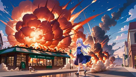 best quality, good quality, very awa, very aesthetic, absurdres,
1girl,solo, gochuumon wa usagi desu ka?,smile,happy,
kafuu chino,blue rabbit house uniform, tippy (gochiusa) on her head,floating hair, floating clothes,walking, BREAK
european town,burning building,starbucks coffee shop billboard,(starbucks coffee shop exploding:1.5),
burning, cloud, cloudy sky, destruction, dust, dust cloud, explosion, fire, outdoors, scenery, sky, smoke <lora:illexplosion_i10_v100:0.6>