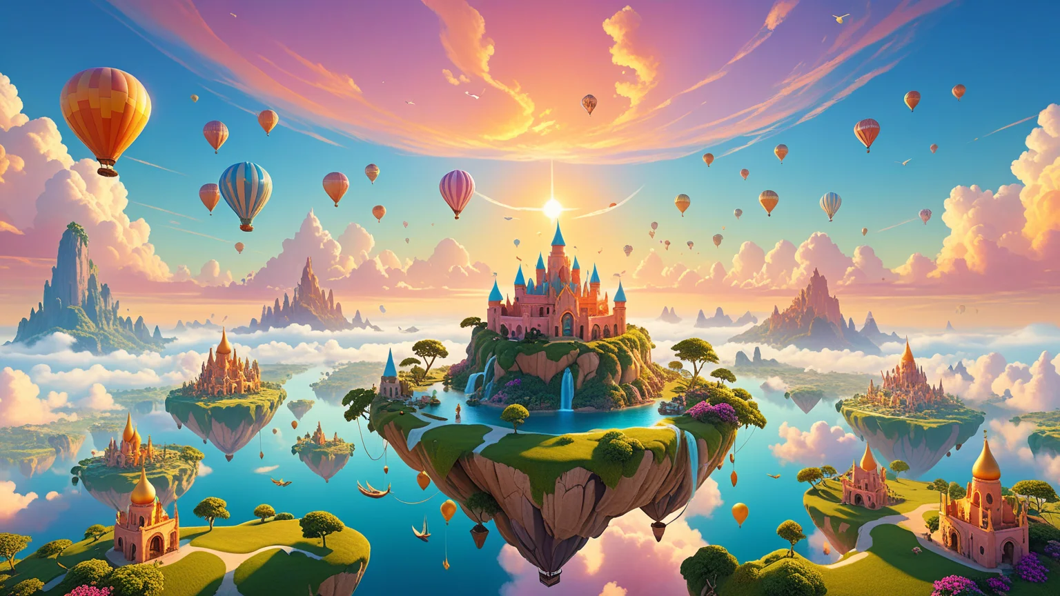 floating islands, gentle breezes, flying mysterious creatures, ethereal, sky-bound realms, golden hour, realistic, incredible, ultra-detailed, unique perspective, vibrant, pastel colors <lora:add-detail-xl:1>