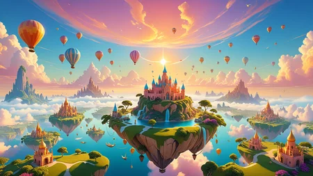 floating islands, gentle breezes, flying mysterious creatures, ethereal, sky-bound realms, golden hour, realistic, incredible, ultra-detailed, unique perspective, vibrant, pastel colors <lora:add-detail-xl:1>