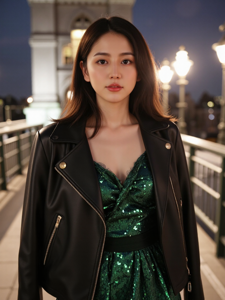 There are wonderful studio lights and various reflections,
18yo beautiful cute girl with blushing and female orgasm.skin naturally showing the texture of blood vessels and detailed pale skin,
--,
<lora:Masami_Nagasawa_f1:0.9>,she is Masami Nagasawa, Appearance: A girl with a classic beauty, her eyes large and expressive, and her skin flawless. Her hair cascades in loose waves, adding to her elegant presence.Clothing: She wears a flowing, sequined evening gown in a deep emerald green. Over the dress, she wears a structured, black leather jacket with gold buttons, adding a touch of modernity.Action: She stands on the Tower Bridge, her gaze fixed on the River Thames below. Her posture is poised and graceful, exuding an air of sophistication.Scene: The Tower Bridge stands majestically in the background, its historic architecture contrasting with her glamorous outfit.Lighting and Style: Soft, ambient lighting from the bridge's lamps casts a gentle glow on her dress, highlighting the sequins and the texture of the leather jacket. The image is captured in a realistic style, capturing the grandeur of the bridge and the elegance of her attire.