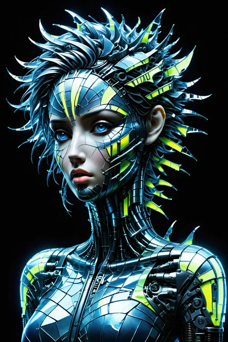 Biomech,<lora:Da_Vinci-000008:1>,Made_of_pieces_broken_glass,<lora:Made_of_pieces_broken_glass_v2-000005:0.5>,ral-reflectivest,<lora:ral-reflectivest-sdxl:0.8>,
A sexy and beautiful woman,bio-mechanical style,cyberpunk style,fluorescent,