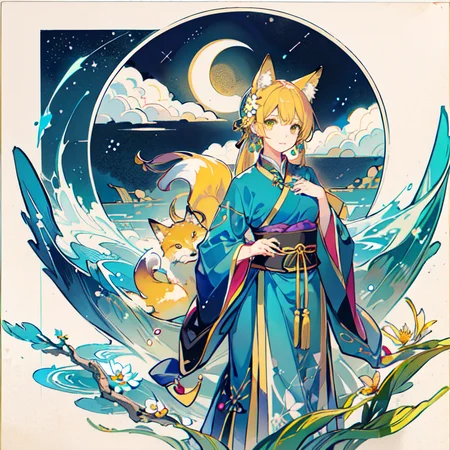 1girl, (\(yellow fox ears\):1.1), looking_at_viewer, jewelry, ribbon, ribbon-trimmed sleeves, long hair, white, (green_eyes), watercolor (medium), colored pencil (medium), bow, earrings, mountain, dusk, leaves, ((summer)), Chinese clothes, east Asian architecture, bird, expressionless, building, [fire], (yellow_hair), (\(yellow fox tails\)), \(fox mask\), \(green_dress\), wet, bubbles, water, (flowers), sky,  clouds, \(crescent moon\), shooting star, starry sky, tree, house, (river:0.8), (ocean:0.8),(waterfall:0.8), \(hand on own chest\), lamppost, lights,  (circular_border:1.5), (night), hitodama