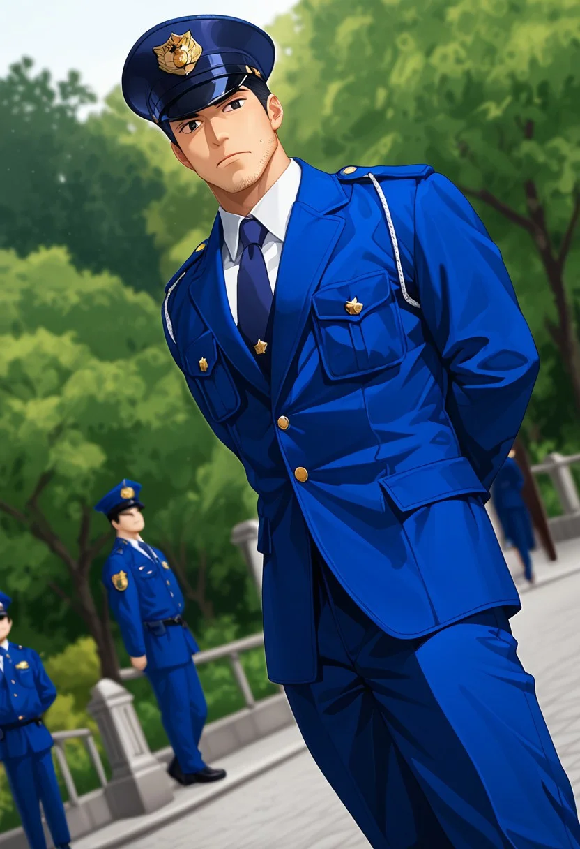 score_9, score_8_up, score_7_up, score_6_up, source_amine, perfect anatomy, perfect proportions, best quality, masterpiece, high_resolution, high quality, absurdres, (solo focus, male focus, bara, mature, handsome, virile, masculine, macho, hunky, charming, alluring, heroic, triumphant, grim, stern, BREAK (asian male, japanese male:1.3), black eyes, black hair, short hair, facial hair, stubble, BREAK Japanese Winter Police Uniform, HannekenJpPcWt01, formal uniform,white collared shirt, dark blue necktie, dark blue formal jacket, rank insignia, Japanese police emblem, dark blue pants, aiguillette, black shoes, dark peaked cap, BREAK standing, (solo focus, upper body, dutch angle, cowboy shot, view from front, leaning slightly, contemplative expression, guarded posture), outdoors, japanese modern city, park, nature, scenery, blurred background, movie still, perfect face, vibrant, vivid, stardom, glamorous, retro, old fashioned, old technicolor film style, film grain, aged film stock, extraordinary achievement, award-winning, expressionist, cinematic, dynamic, cinematic still, emotional, harmonious, vignette, bokeh, cinemascope, moody, epic, gorgeous