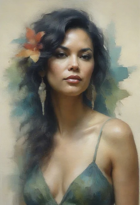 abstract artistic representation of a beautiful milf type tropical nymph, art by Paul Lovering, Antonio J. Manzanedo.