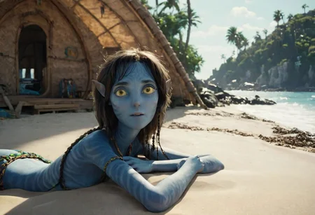 Kiri suntanning on her (side), on beach sand, hand under head, [[closeup]], along, big eyes wide open, (looking at viewer), seaside, huts and trees and (sea with (high surf)) on background, symmetrical eyes, symmetrical pupils, SK_CINEMATIC