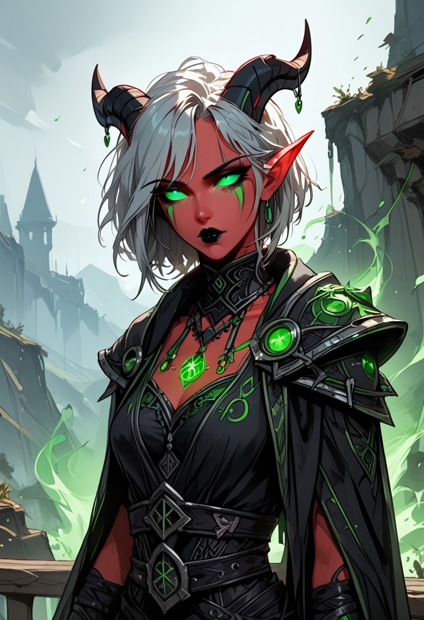 score_9, score_8_up, score_7_up, score_6_up, Expressiveh, masterpiece, (((High Resolution, Best Quality))), highly detailed, 
1girl, draenei, world of warcraft, pretty face, horns, tail, (green eyes, glowing eyes, green sclera), (red skin), ((white hair, short hair, straight bangs, teased hair)), black makeup, black lipstick, goth, sexy, dynamic angle, outdoors, scorched land, green fire