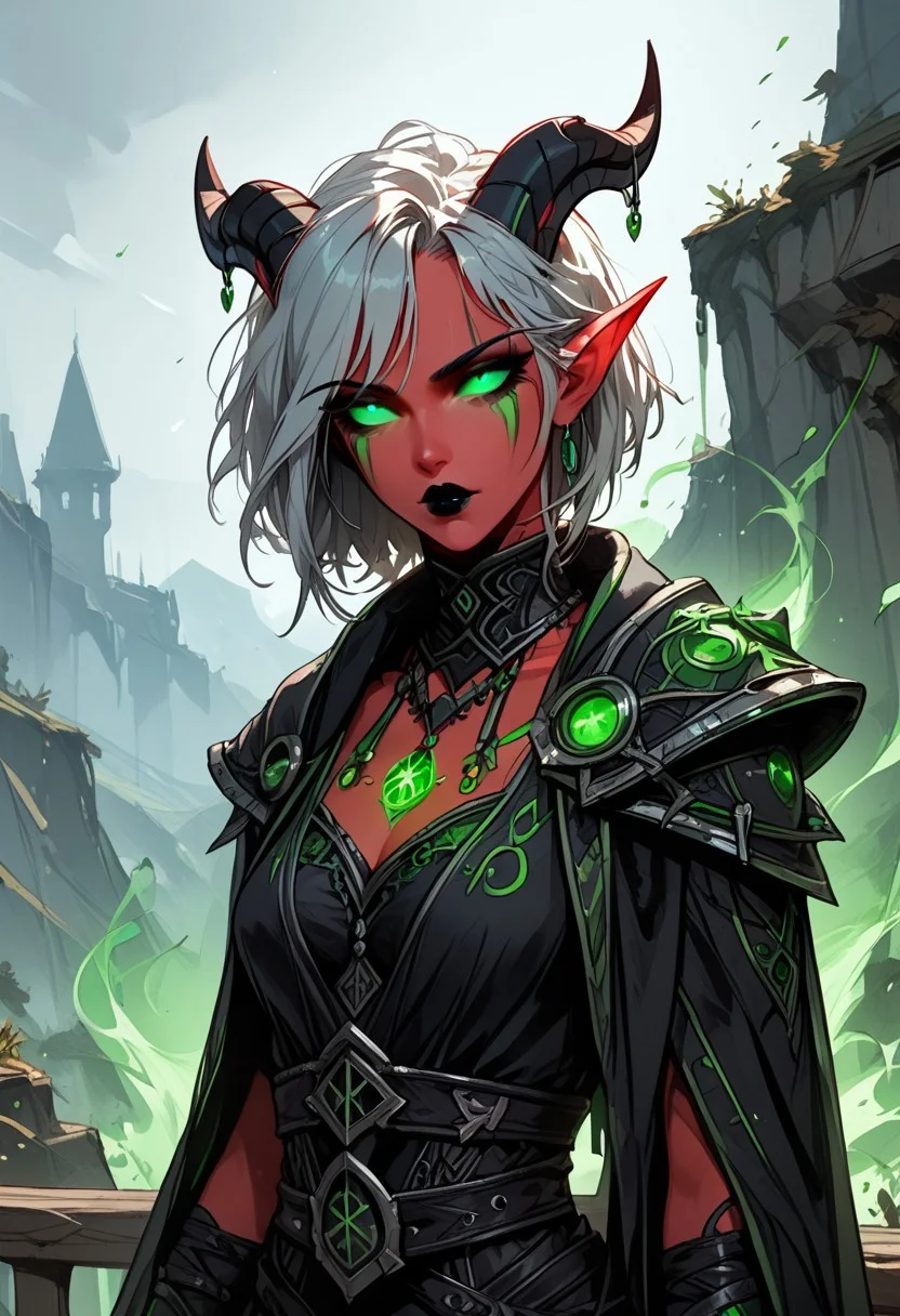score_9, score_8_up, score_7_up, score_6_up, Expressiveh, masterpiece, (((High Resolution, Best Quality))), highly detailed,
1girl, draenei, world of warcraft, pretty face, horns, tail, (green eyes, glowing eyes, green sclera), (red skin), ((white hair, short hair, straight bangs, teased hair)), black makeup, black lipstick, goth, sexy, dynamic angle, outdoors, scorched land, green fire