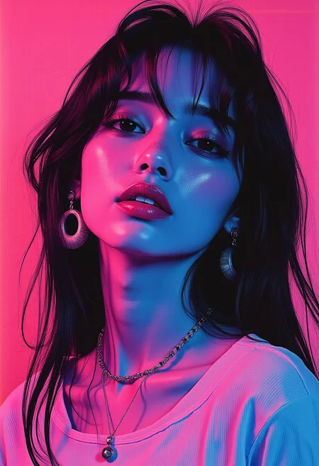 abstract neon slpash ink image in vivid, surreal iridescent colours, closeup side portrait of cyberpunk korean woman, red lips, long loose hair, earrings, necklaces,