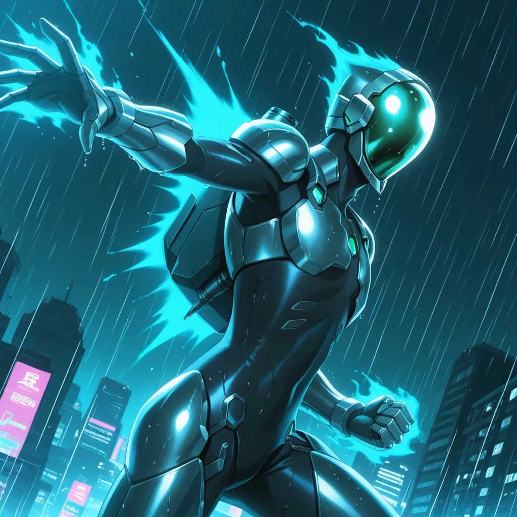(deep contrast, luminous lighting, cinematic ambiance, best quality, colorful, masterpiece, detailed_background), BREAK <lora:haruhi-v2:0.9> awsilvercrow, humanoid robot, no_humans, 1boy, male focus, solo, ((alternate costume, no armor, no chest armor)), blue jetpack, glowing, flying, outstretched arm, clenched hands, science fiction, blue fire, destruction, night sky, city, rain, wet_body, wet_armor,
, flying_jetpack, flying, solo focus, from side,
, dynamic pose, dynamic angle, incoming attack, cowboy shot,
