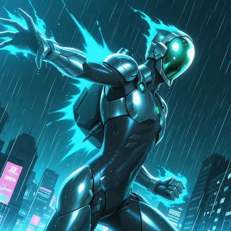 (deep contrast, luminous lighting, cinematic ambiance, best quality, colorful, masterpiece, detailed_background), BREAK <lora:haruhi-v2:0.9> awsilvercrow, humanoid robot, no_humans, 1boy, male focus, solo, ((alternate costume, no armor, no chest armor)), blue jetpack, glowing, flying, outstretched arm, clenched hands, science fiction, blue fire, destruction, night sky, city, rain, wet_body, wet_armor,
, flying_jetpack, flying, solo focus, from side,
, dynamic pose, dynamic angle, incoming attack, cowboy shot,