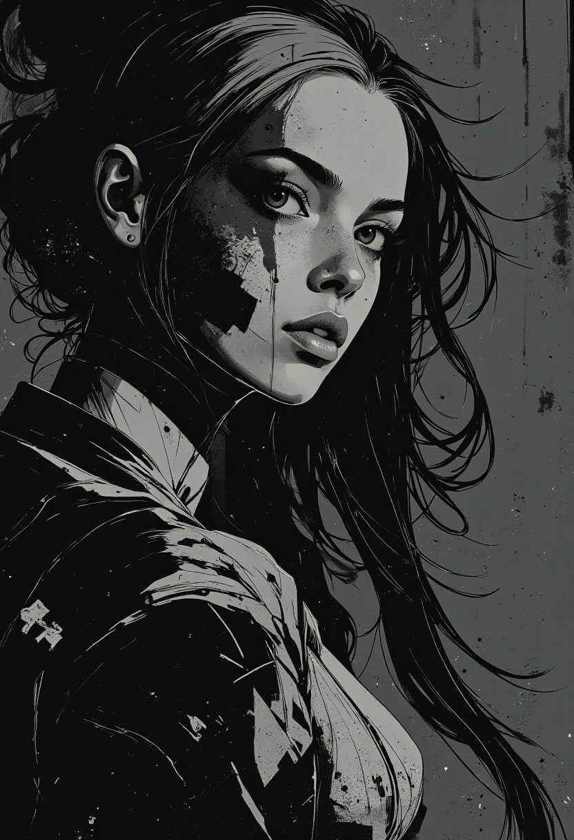 ,anime art , by Ashley Wood, young  woman,, An abstract, dreamlike body, of a young hair queen  with a mesmerizing Turing Patterns background, where the black color creates an illusion of depth, producing a parallax effect that draws the viewer's eye in, as if the subject is emerging from a vortex of swirling, dark, and mysterious patterns, her face a blend of soft, ethereal features and sharp, geometric lines, with a three-quarter view that invites the viewer to step into her world, where the boundaries between reality and abstraction blur.