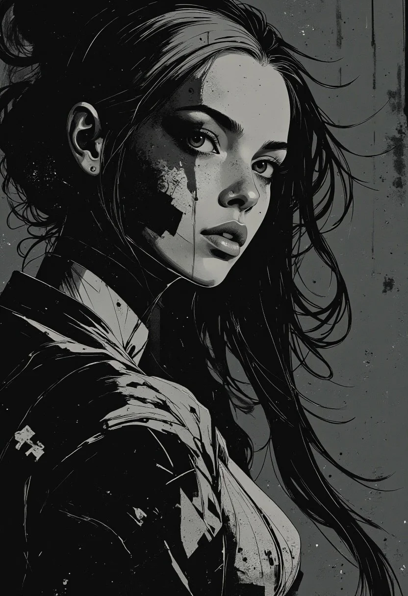 ,anime art , by Ashley Wood, young woman,, An abstract, dreamlike body, of a young hair queen with a mesmerizing Turing Patterns background, where the black color creates an illusion of depth, producing a parallax effect that draws the viewer's eye in, as if the subject is emerging from a vortex of swirling, dark, and mysterious patterns, her face a blend of soft, ethereal features and sharp, geometric lines, with a three-quarter view that invites the viewer to step into her world, where the boundaries between reality and abstraction blur.