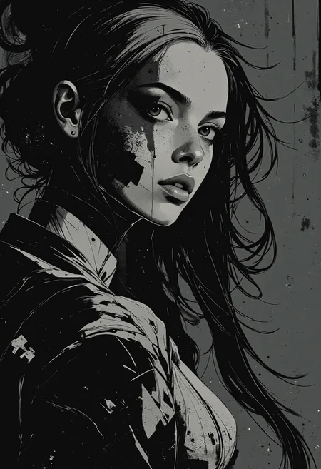 ,anime art , by Ashley Wood, young woman,, An abstract, dreamlike body, of a young hair queen with a mesmerizing Turing Patterns background, where the black color creates an illusion of depth, producing a parallax effect that draws the viewer's eye in, as if the subject is emerging from a vortex of swirling, dark, and mysterious patterns, her face a blend of soft, ethereal features and sharp, geometric lines, with a three-quarter view that invites the viewer to step into her world, where the boundaries between reality and abstraction blur.