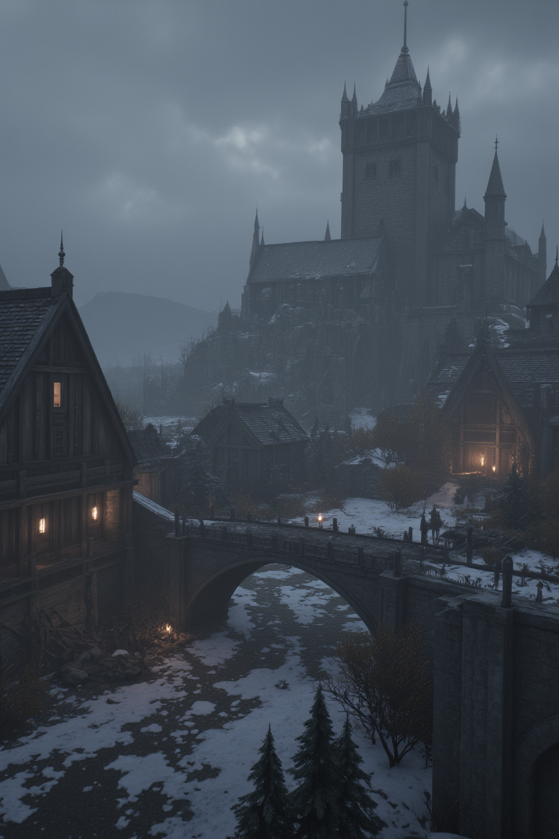 3DGame,The image depicts a desolate, medieval village shrouded in fog and snow. The architecture is gothic, with pointed arches and spires, suggesting a setting from a bygone era. The village is in ruins, with many buildings partially collapsed or showing signs of decay. Debris is scattered across the snow-covered ground, and the wooden structures are weathered and broken.
A stone bridge connects two parts of the village, leading towards a central tower that looms in the background, adding to the sense of a once grand but now abandoned place. The color palette is muted, dominated by grays and whites, which enhances the cold and desolate atmosphere. A few small lights flicker within the ruins, providing a stark contrast to the surrounding darkness and hinting at some lingering life or activity within the village.
The overall mood is one of mystery and melancholy, as the village seems to be a remnant of a forgotten time, left to the elements and the passage of history. The image evokes a sense of solitude and the relentless march of time, leaving behind structures that once thrived but are now silent witnesses to the past.