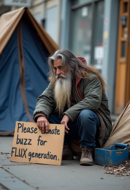A homeless man with a long beard and long hair, sitting on the side of a street corner next to a make-shift tent, a cardboard sign is placed next to him that reads "Please donate buzz for FLUX generation"
