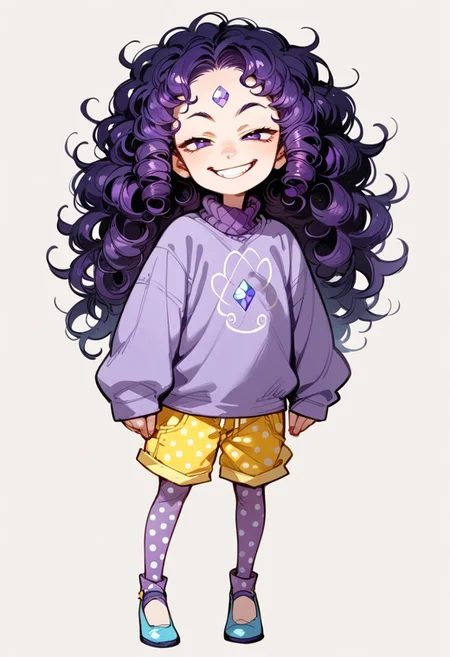 ng_deepnegative_v1_64t, score_9, score_8_up, score_7_up, zPDXL2, detailed background, concept art, source_anime, 1 girl, pale, purple sweater, baggy sweater, yellow shorts, polka dot leggings, purple leggings blue shoes, purple hair, frizzy hair, purple diamond on forehead, close up, smug grin