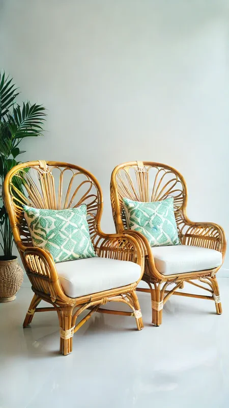 photo, bamboo furniture, armchairs, 2 rattan chairs, white background, soft lighting, warm lighting, close-up, sharp focus, vivid, very detailed, elegant, intricate, cinematic, highly saturated colors, magic, surreal, beautiful, innocent, fine detail, full color, epic light, shining, brilliant, complex, marvelous composition, colorful, deep rich <lora:xl_add-detail:0.8> <lora:xl_more_art-full_v1:0.8> <lora:AIDVN_bamboo_furniture_xl:0.8>