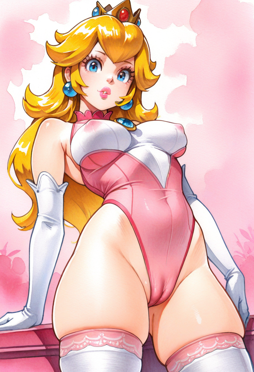 masterpiece, best quality,
 <lora:FiRez:1> F1R3z, watercolor \(medium\),  1girl, solo, standing, looking at viewer, princess peach, blonde hair, tiara, pink lips, highleg leotard, skindentation, cameltoe, covered nipples, elbow gloves, thighhighs,