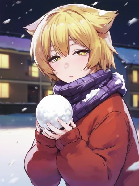 anime drawing of fuchibeppu chiyuri girl, masterpiece, best quality, girl in a warm winter sweater plays snowballs, blonde hair, <lora:fuchibeppu_safetensors:1>