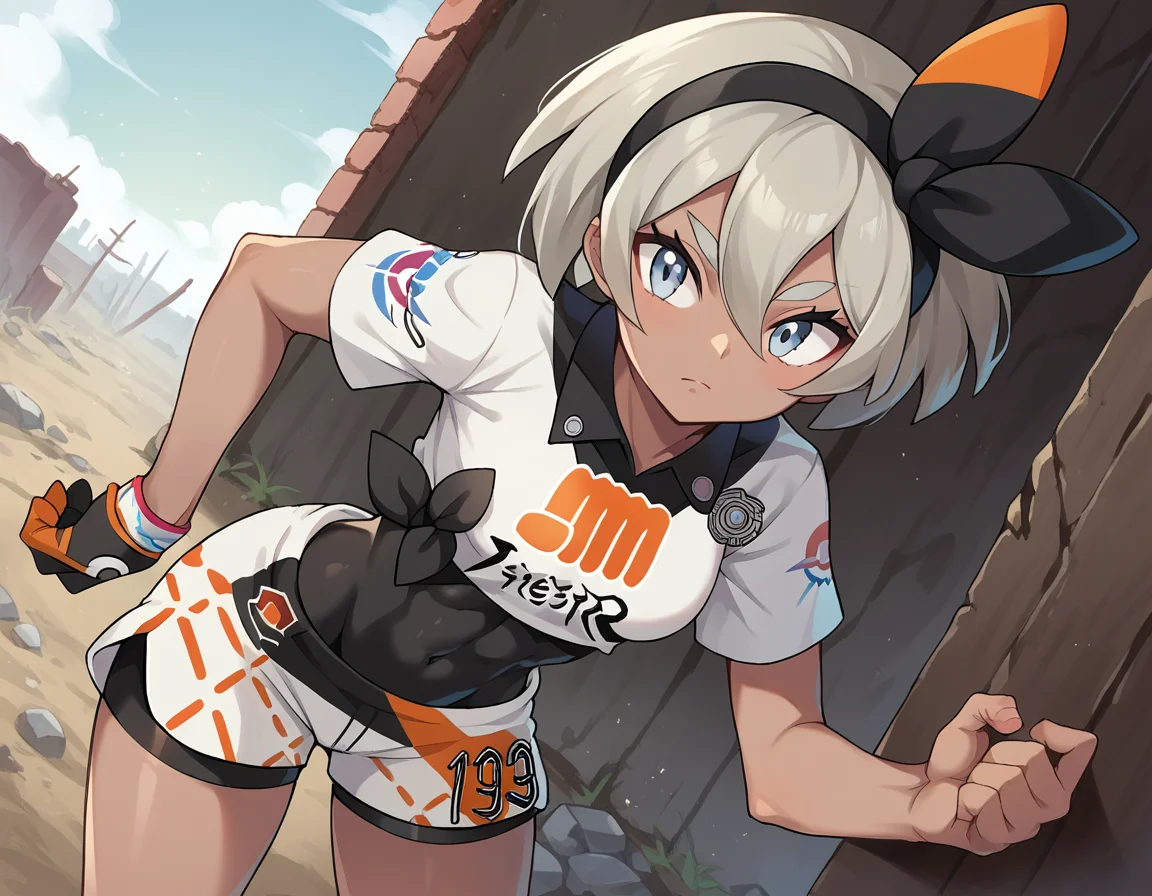 score_9, score_8_up, score_7_up, source_anime,
pokemonbea, <lora:pokemon-bea-ponyxl-lora-nochekaiser:1>
pokemonbea, blue eyes, dark skin, dark-skinned female, grey hair, hair between eyes, short hair, ribbon, hair ribbon, hairband, black ribbon, black hairband,
bodysuit, covered navel, shorts, single glove, glove, crop top, white shirt, short sleeves, collar, white shorts,
outdoors, wasteland, bent over,
looking at viewer, cowboy shot, dutch angle,