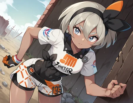 score_9, score_8_up, score_7_up, source_anime,
pokemonbea, <lora:pokemon-bea-ponyxl-lora-nochekaiser:1>
pokemonbea, blue eyes, dark skin, dark-skinned female, grey hair, hair between eyes, short hair, ribbon, hair ribbon, hairband, black ribbon, black hairband,
bodysuit, covered navel, shorts, single glove, glove, crop top, white shirt, short sleeves, collar, white shorts,
outdoors, wasteland, bent over,
looking at viewer, cowboy shot, dutch angle,