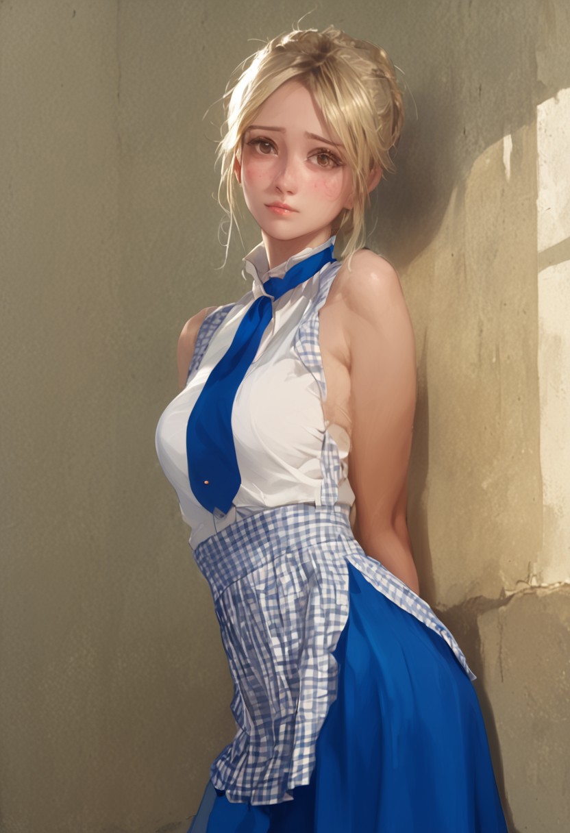 score_9, score_8_up, score_7_up, score_6_up, 
1girl, 18 years old, brown eyes, blonde hair, 
perfect beautiful face, shy, 
medium large breasts, 
majicmix_style, kobeya uniform, stripteasing, 
blue skirt, blue neckwear, 
<lora:kobeya_Pony_v1:0.7>