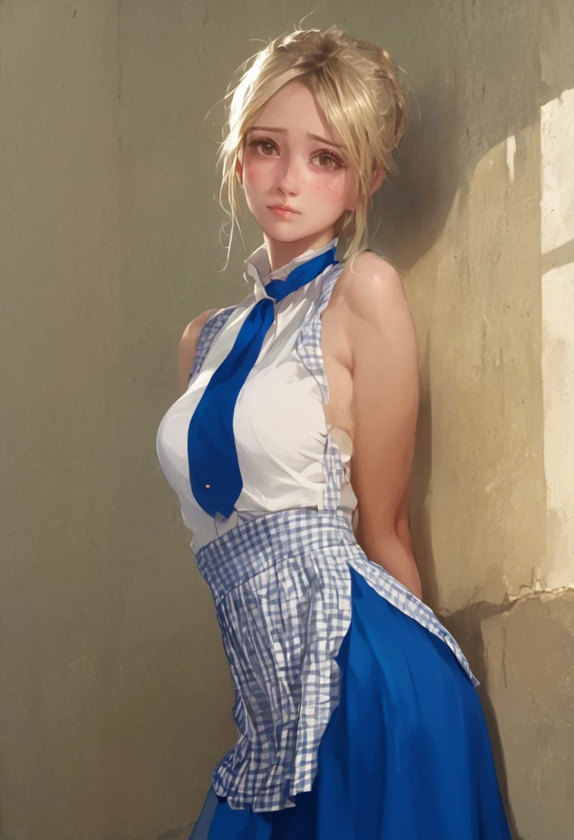 score_9, score_8_up, score_7_up, score_6_up,
1girl, 18 years old, brown eyes, blonde hair,
perfect beautiful face, shy,
medium large breasts,
majicmix_style, kobeya uniform, stripteasing,
blue skirt, blue neckwear,
<lora:kobeya_Pony_v1:0.7>