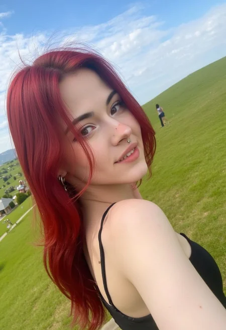 The image is a high-resolution photograph of a young woman KTNK standing outdoors on a sloping, grassy hill under a clear, bright sky. She has a fair complexion and long, vibrant red hair that cascades down her back. Her eyes are strikingly expressive, with one eye winking playfully while the other is open. She has a small, delicate nose ring and wears a pair of small, silver hoop earrings.