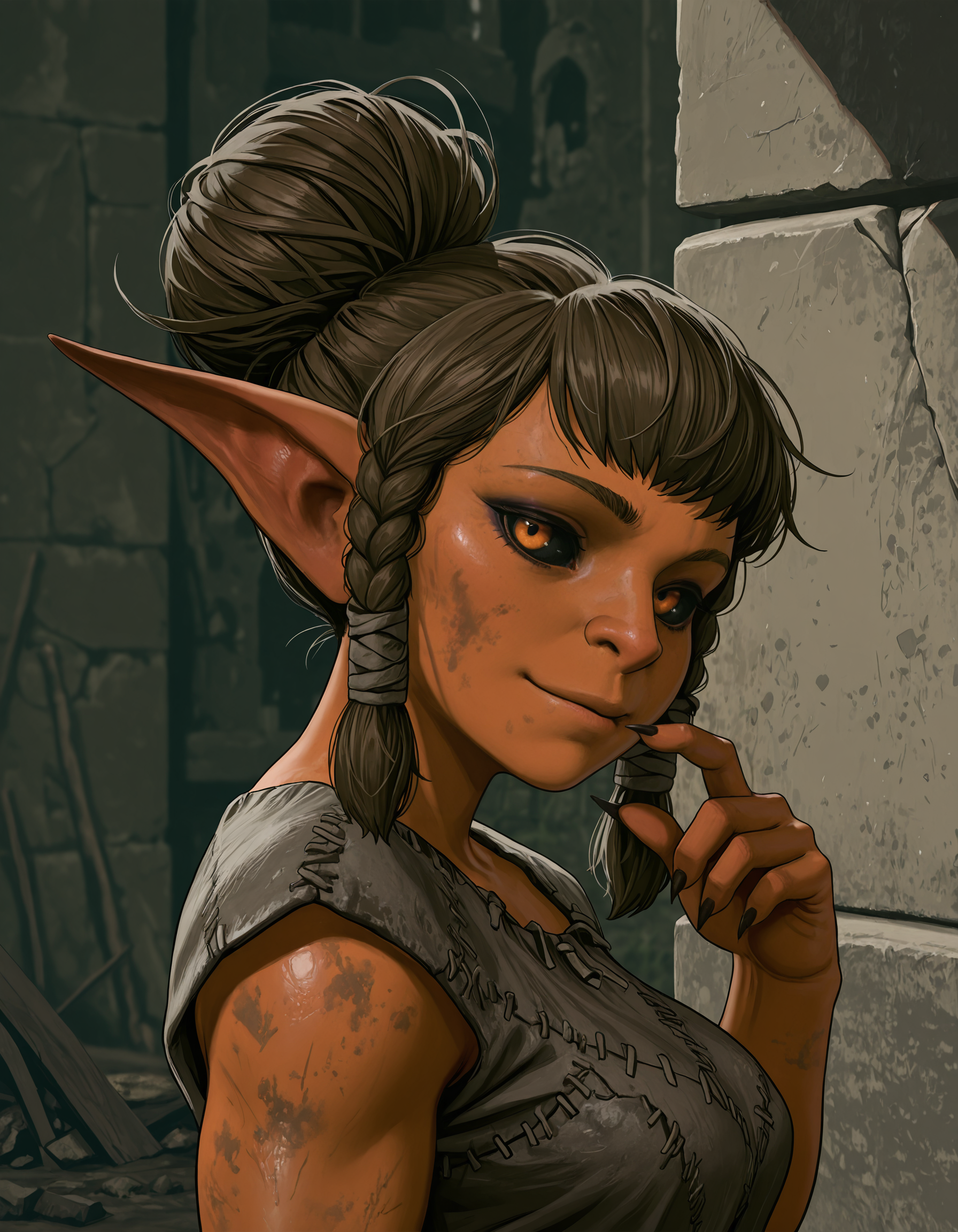 masterpiece, best quality, amazing quality, very aesthetic, absurdres, newest,volumetric lighting, <lora:BG3_GoblinStyleGTb:0.75>, bg3gobbostyle, outdoors, wall, ruins, shortstack,
1girl, female goblin, colored skin, orange skin, brown hair, pointy ears, short bangs, long side braids, dirty, messy hair bun, patchwork dress, black sclera, orange eyes, eyeliner, looking at viewer, head tilt, medium breasts, portrait, light smile, from side, finger to mouth, sharp nails,
