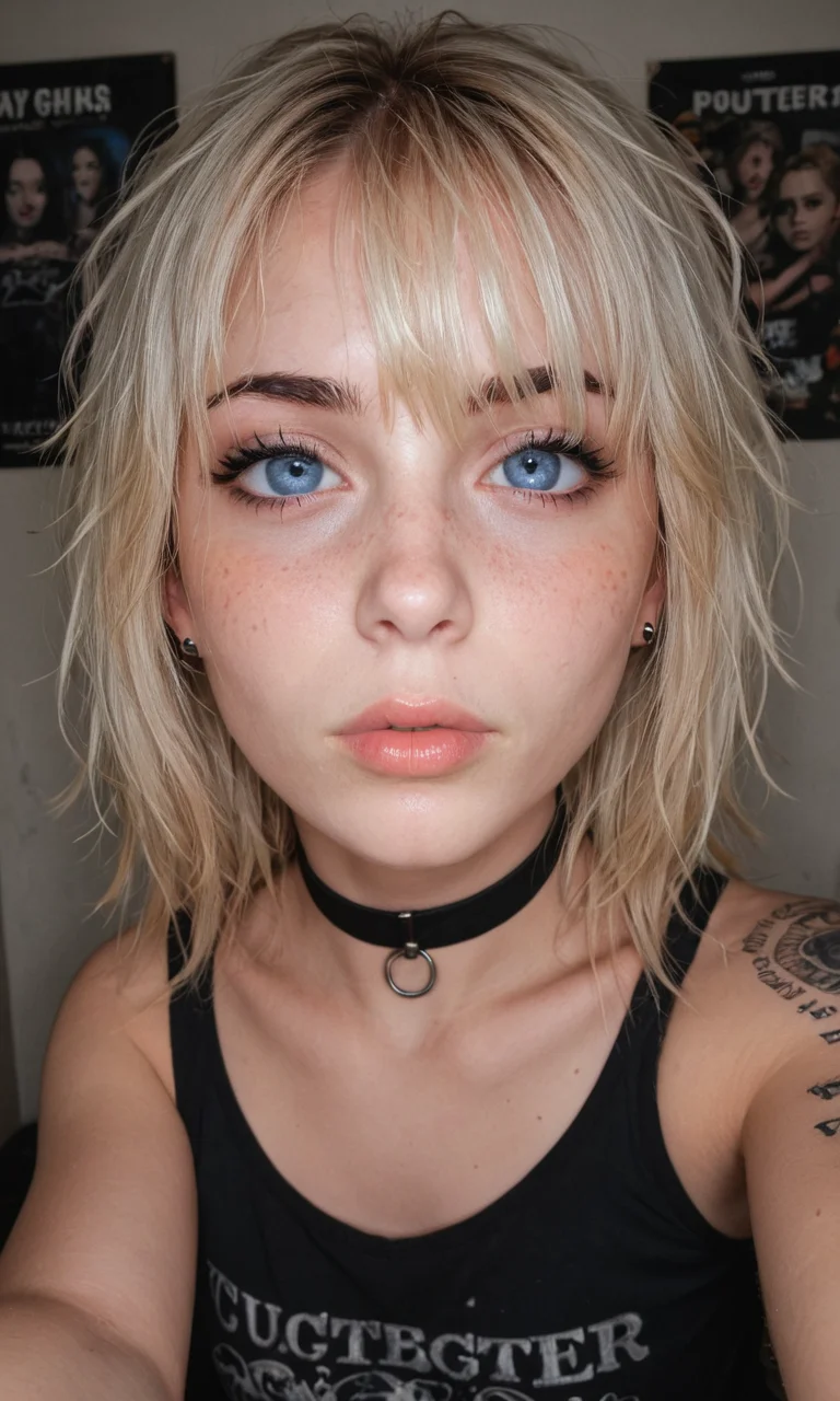 4k selfie, goth girl, deep focus, split-diopter lens, focus on her eyes, choker, cluttered bedroom, posters on walls, warm lighting, long shaggy blonde, bangs between eyes, dark blue eyes, freckles, blush, natural lips, natural eyes, messy hair, black eyebrows, piercings, tattoo, taking a selfie, bent forward,