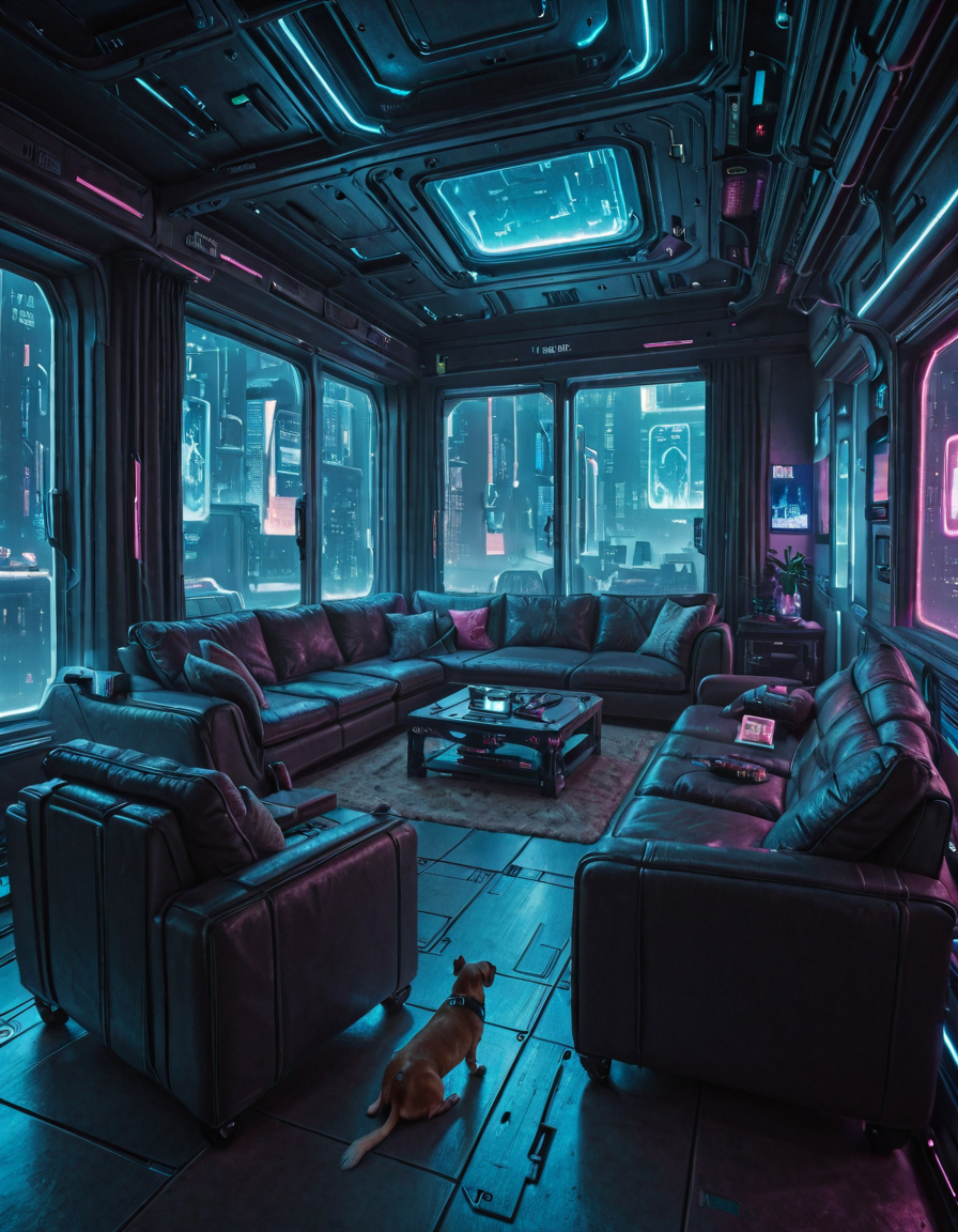 <lora:Space_Worlds_Minis_5:1> swminis5all, swminis5, swminis5bis, cyberpunk, living room, dog
