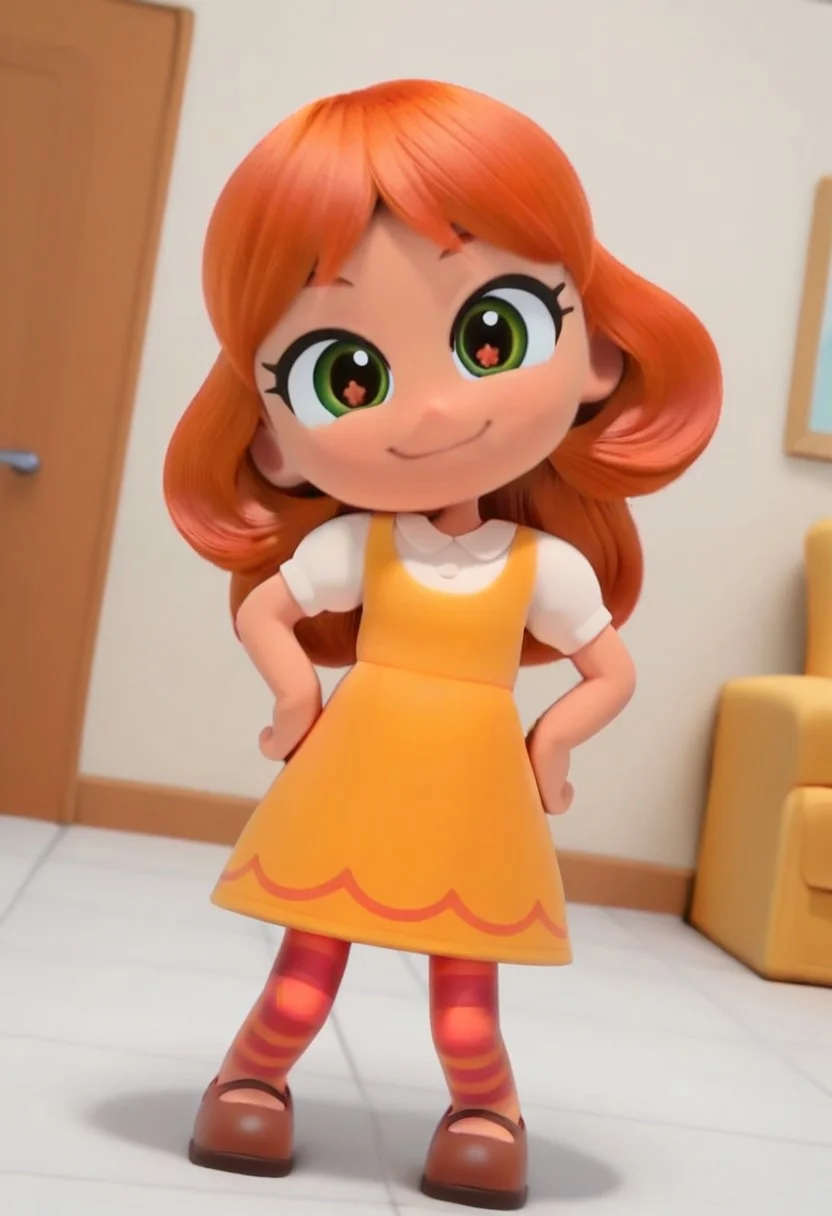 Chb3Hi3, Chibi, cute, masterpiece,best quality,amazing quality, invert, Orange_Amber, 1girl, solo, tan skin, yellowish-green eyes, bouncy hair, orange hair, white blouse, yellowish orange dress, orange leggings, reddish-orange stripes, brown shoes,(smile, dutch angle, Hands on hips,naughty pose, looking at viewer, indoors, elegant room, solo, dynamic pose, full_body, head tilt,)