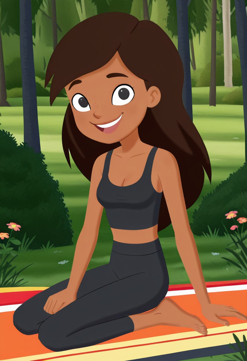 ,score_7, score_8, score_9, well drawn, detailed, 2d, flat colours, animated drawing, line art, flat colours, perfect hands, perfect feet,
wenda, 1girl, long hair, dark skin, huge eyes, black eyes, brown hair, dark-skinned female, perky tits, eyebrows, fit brawny body, thin limbs, eyelashes.
black yoga pants, black tank top, cleavage, midriff, barefeet, bedroom eyes, sitting, forest, trees, bushes, flowers, pov feet, laughing, looking at viewer, focus feet, fullbody, natural lighting,